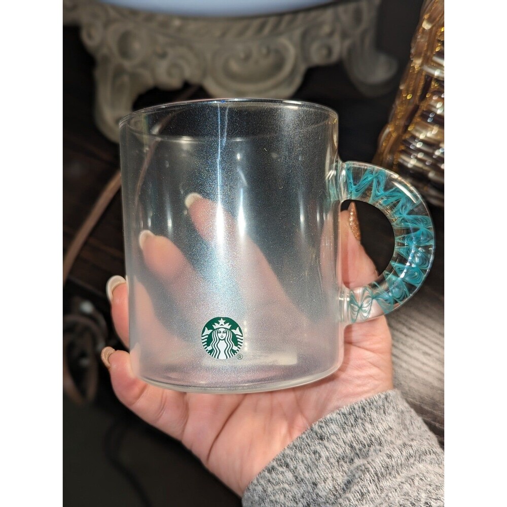 Starbucks Glass Frosted Ombre mug with teal swirl handle‎ coffee cup